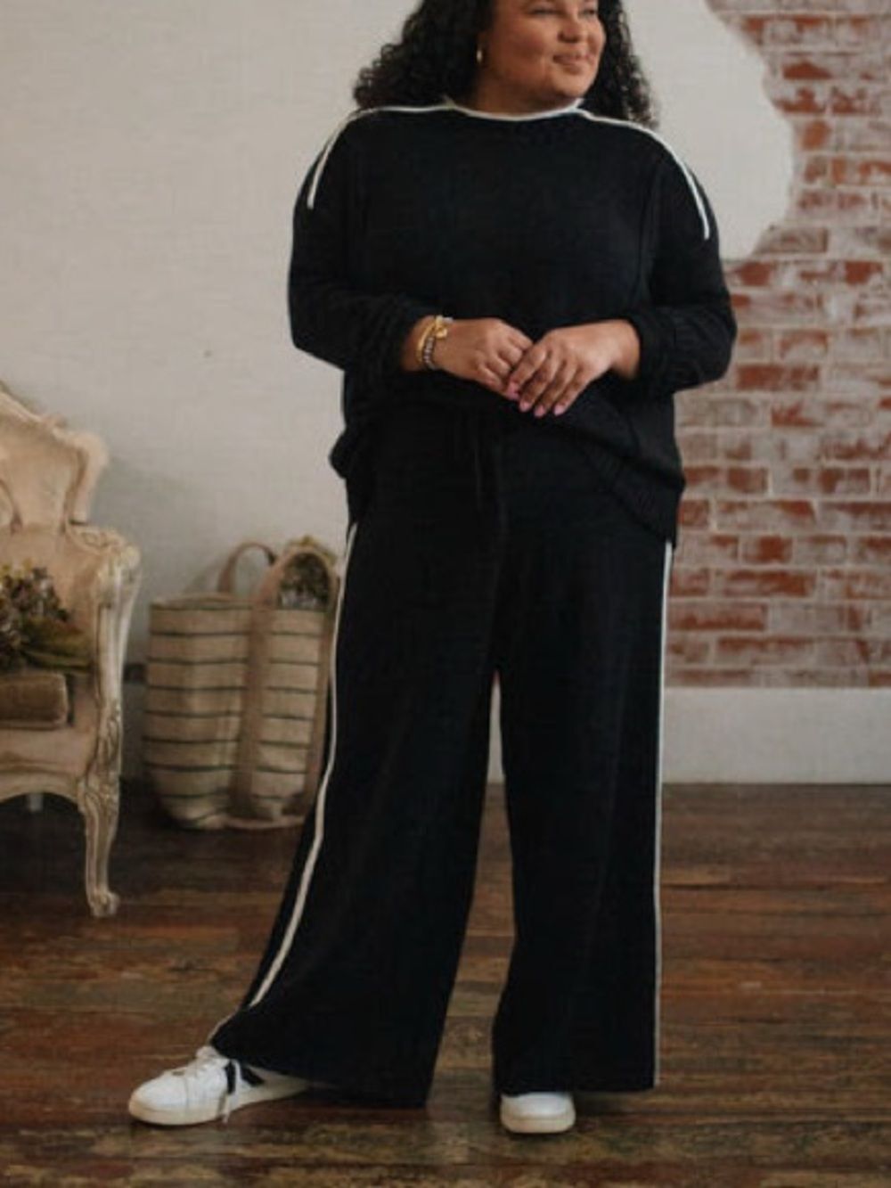Windy Nest Women’s Size 2x Nadine Contrast Piping Sweater Set Black & White
